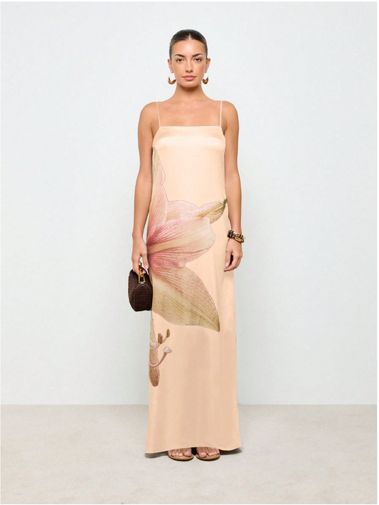 Elegant Floral Satin Maxi Dress Empire Waist Cami Strap Evening Gown Summer Wedding Guest Special Occasion Floor Length,Boho Clothes Women