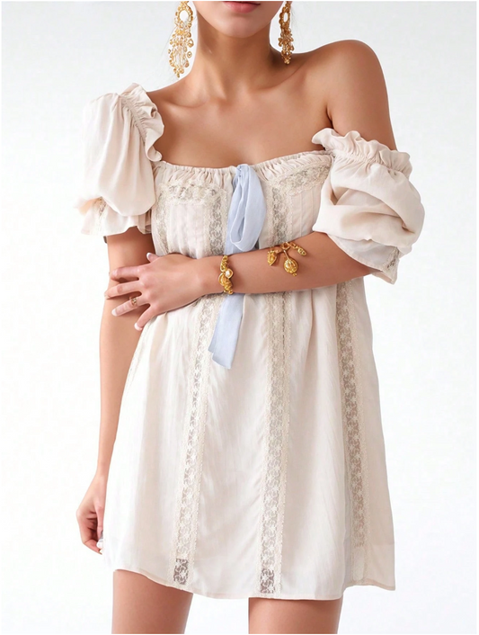 Cute Babydoll Mini Dress For Women Short Puff Sleeve Ruffle Bow Tie Short Dress Fairy Loose Floral